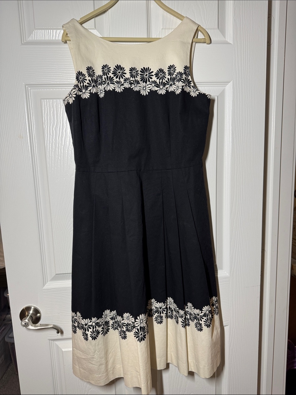 Talbots Black and Cream Floral-Trim Sleeveless Midi Dress